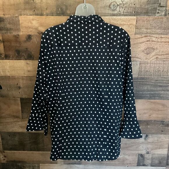 Foxcroft NYC Blouse Cotton Button Down Black White Polka Dots Fitted Size 14 - Picture 8 of 9